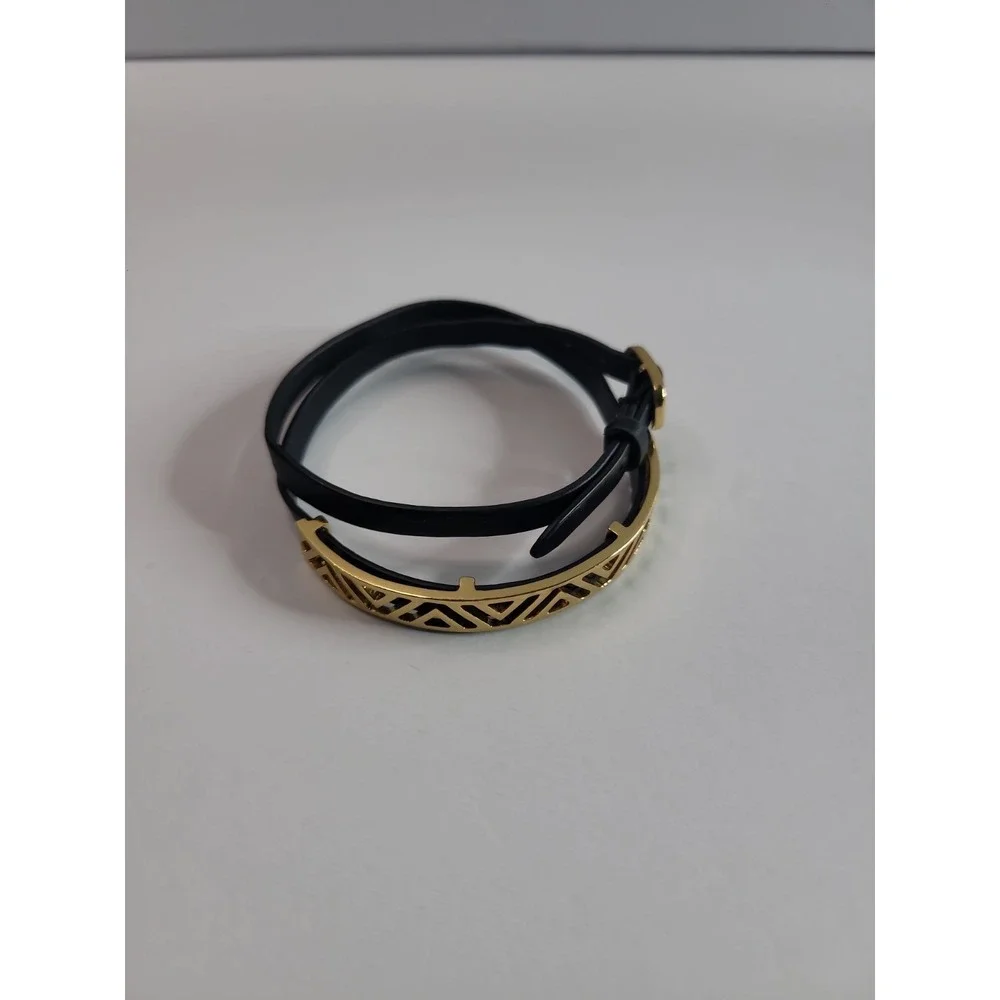 Black Faux Leather Wrap Bracelet Gold Tone Geometric Bar and Crescent Charm